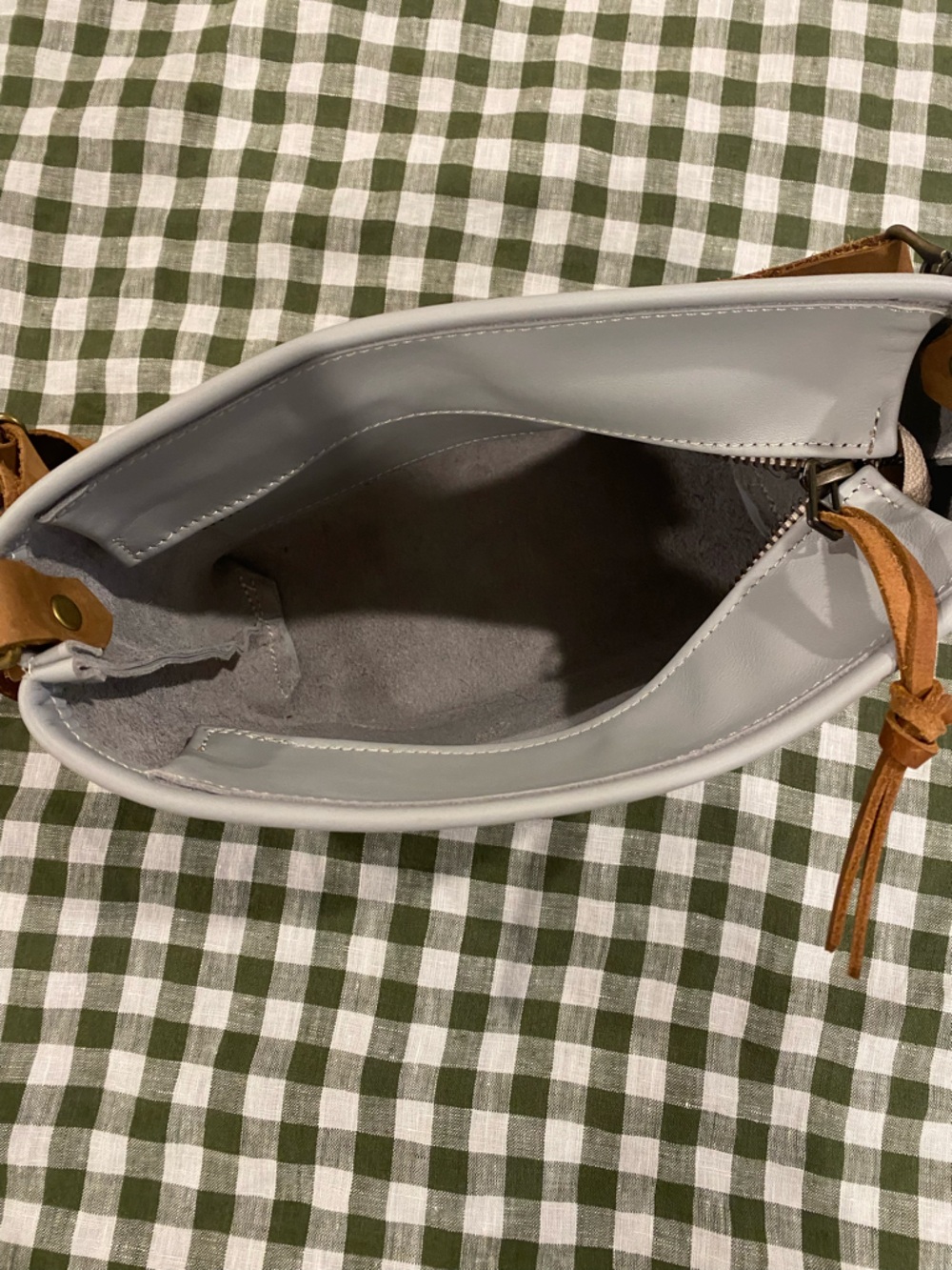 Leather Light Gray Crossbody Bag with Tan Leather Accents - Picture 4 of 8